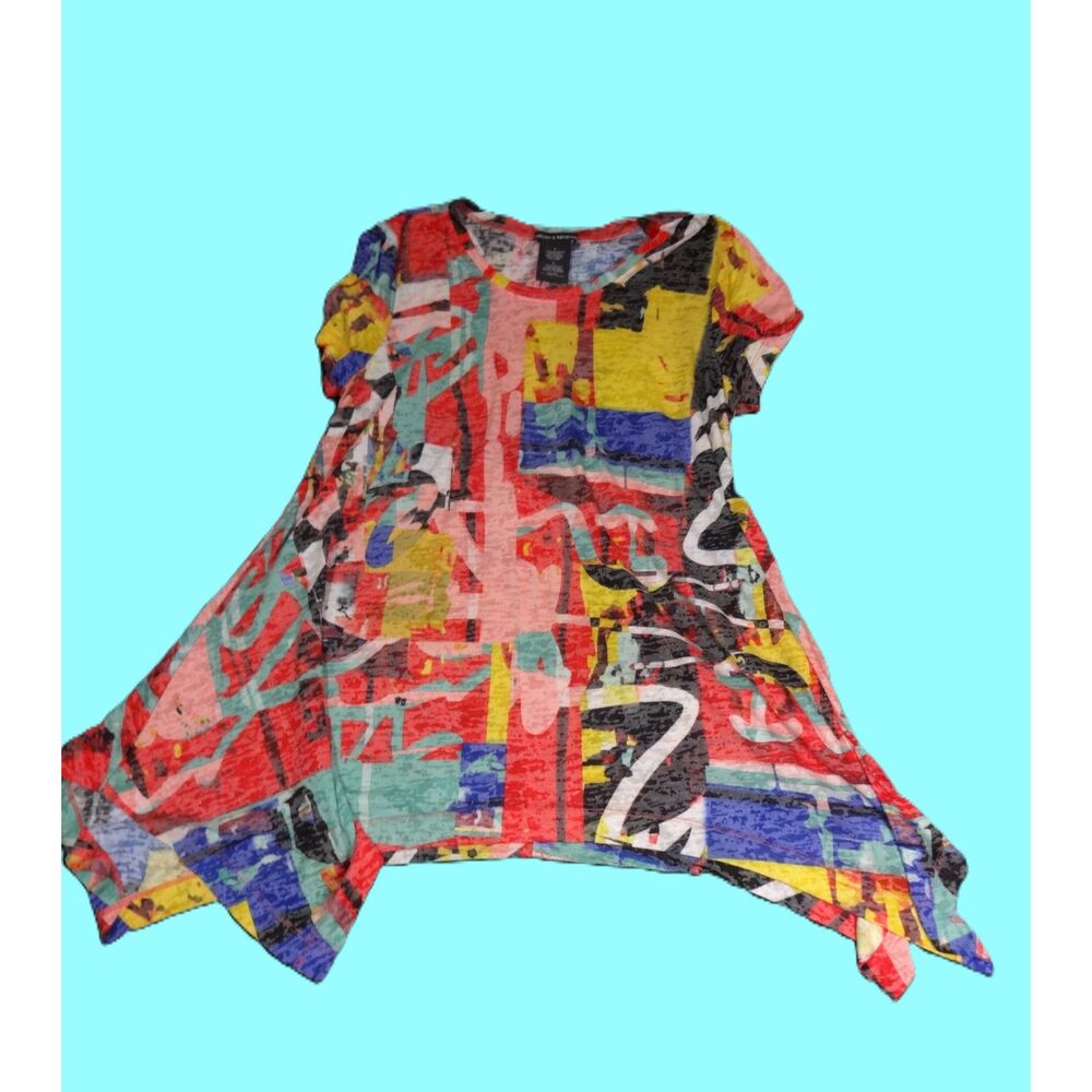 Chelsea & Theodore Multicolor Abstract High Low Handkerchief Hem Top Size Large - Picture 6 of 7